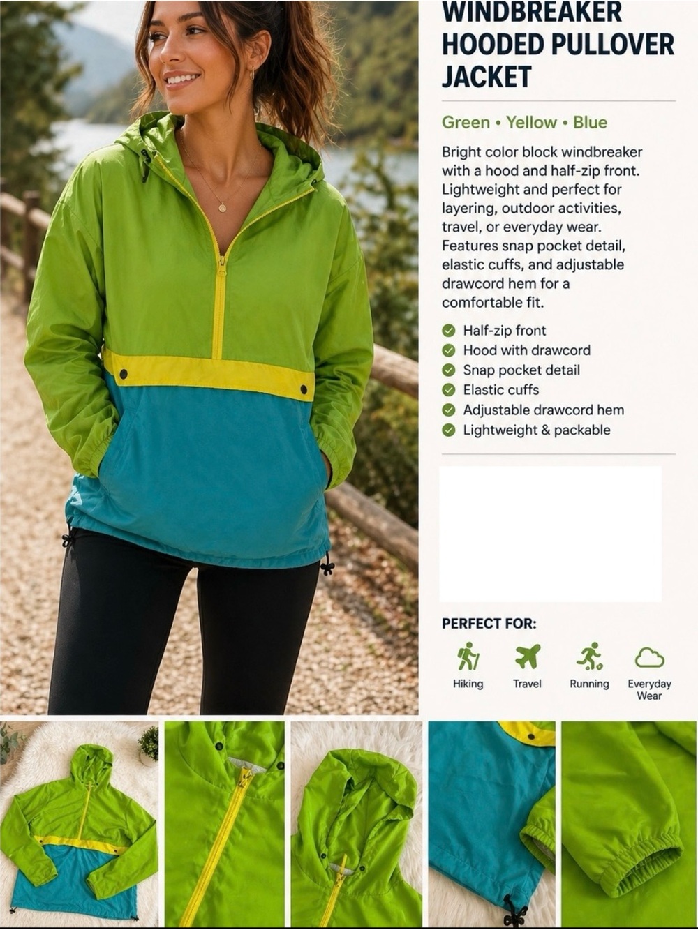 Green Hooded Colorblock Utility Windbreaker Jacket